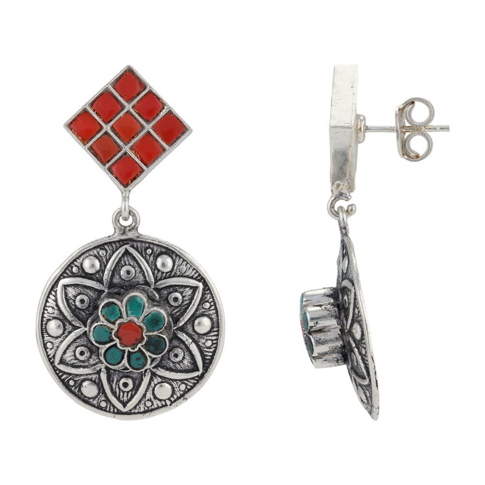 925 Sterling Silver Red Cube Mandala Pattern Drop Earrings For Women