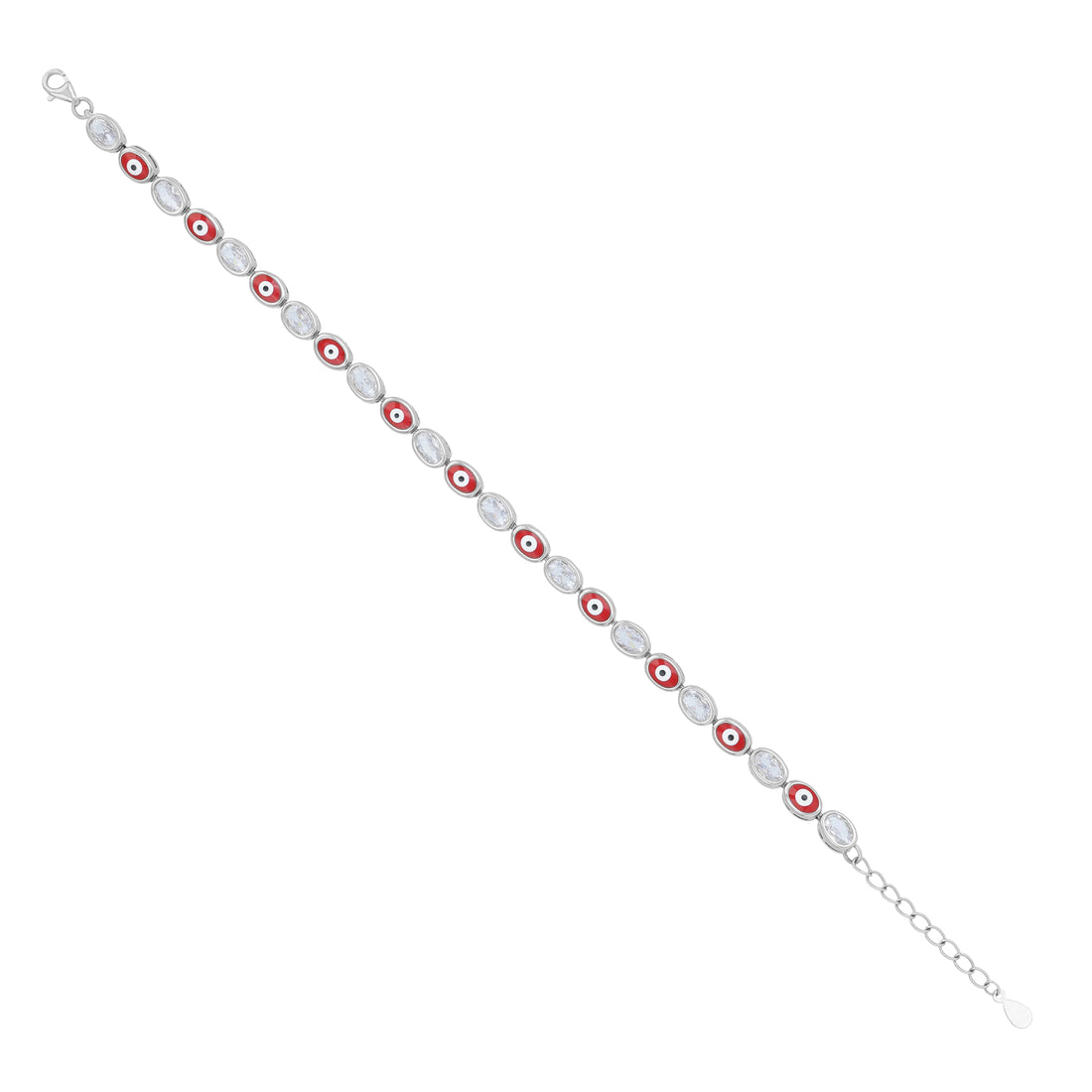 925 Sterling Silver Red Enamel Evil Eye Oval Charm Link Bracelet for Women