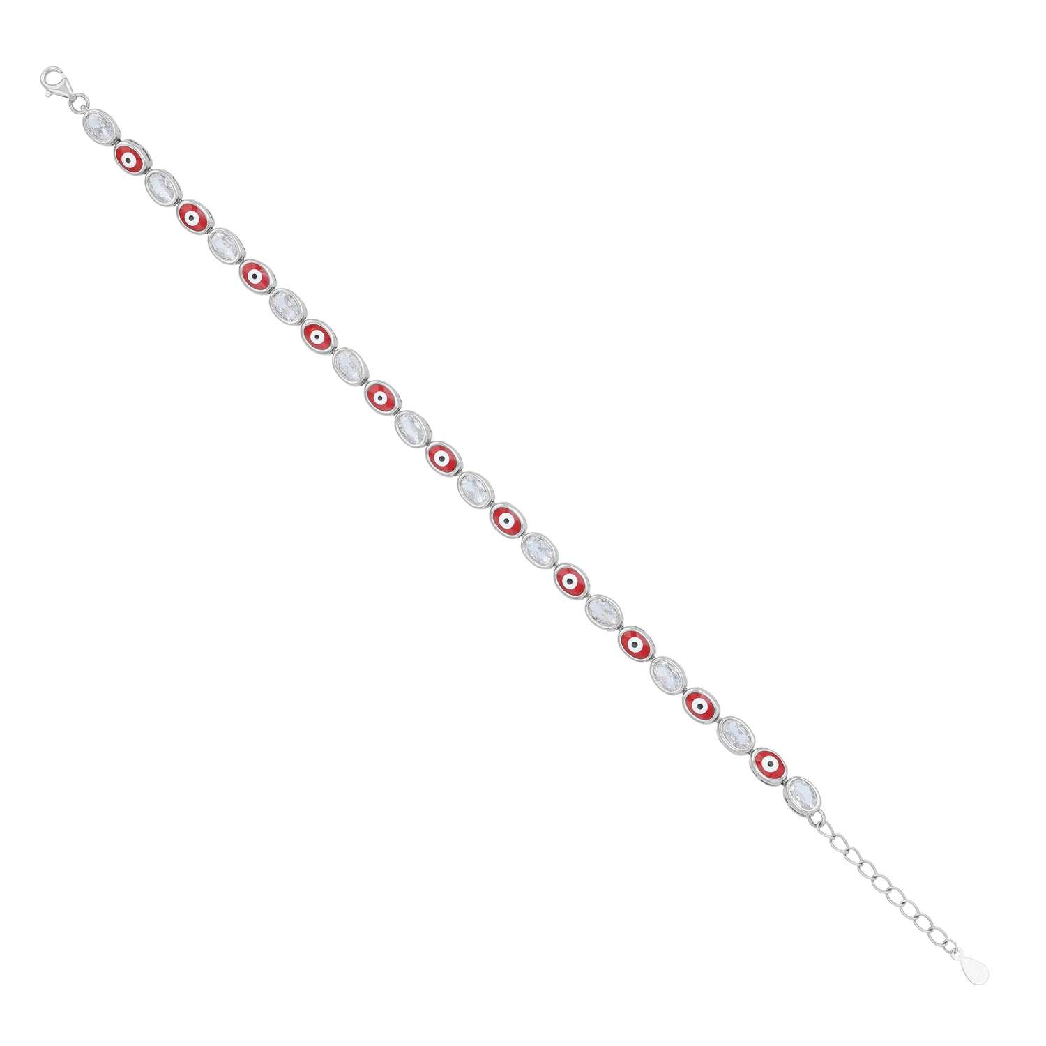 925 Sterling Silver Red Enamel Evil Eye Oval Charm Link Bracelet for Women