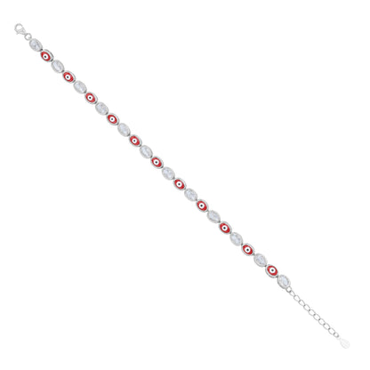 925 Sterling Silver Red Enamel Evil Eye Oval Charm Link Bracelet for Women