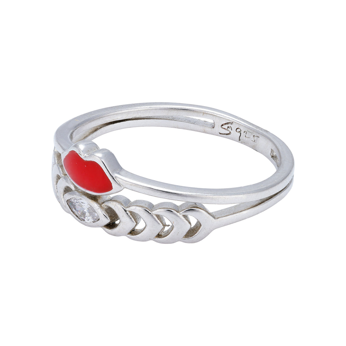 925 Sterling Silver Red Lips and Stone Charm Open Band Ring for Women