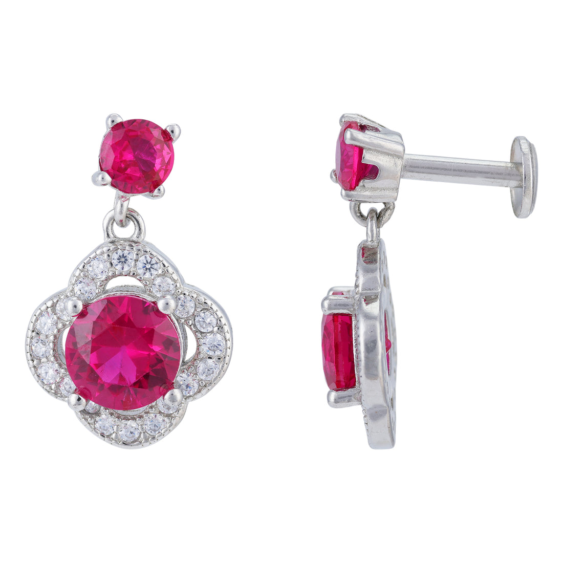 Sterling Silver Red Stone Floral Drop Earrings For Women