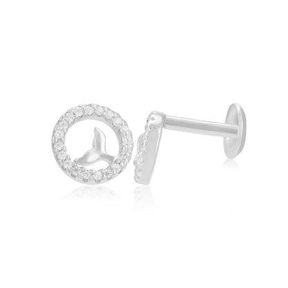 925 Sterling Silver Rhodium Circle Stoned Centre Fish Tail Design Earrings For Women