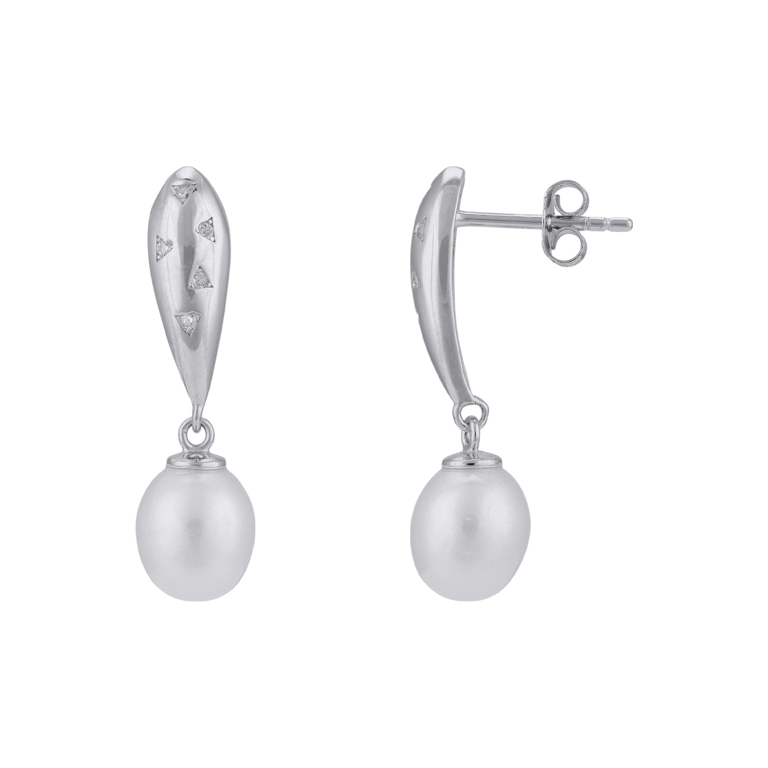 925 Sterling Silver Rhodium Matte Triangle Classic Pearl Drop Earrings for Women