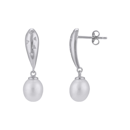 925 Sterling Silver Rhodium Matte Triangle Classic Pearl Drop Earrings for Women