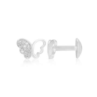 925 Sterling Silver Rhodium One Side Stoned Feather Butterfly Earrings For Women