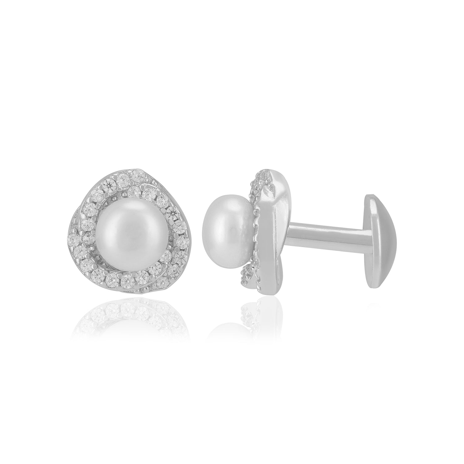925 Sterling Silver Rhodium Pearl Centred Side stones Earrings For Women