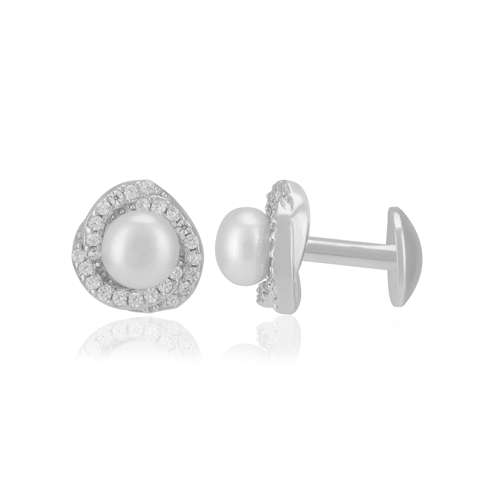 925 Sterling Silver Rhodium Pearl Centred Side stones Earrings For Women