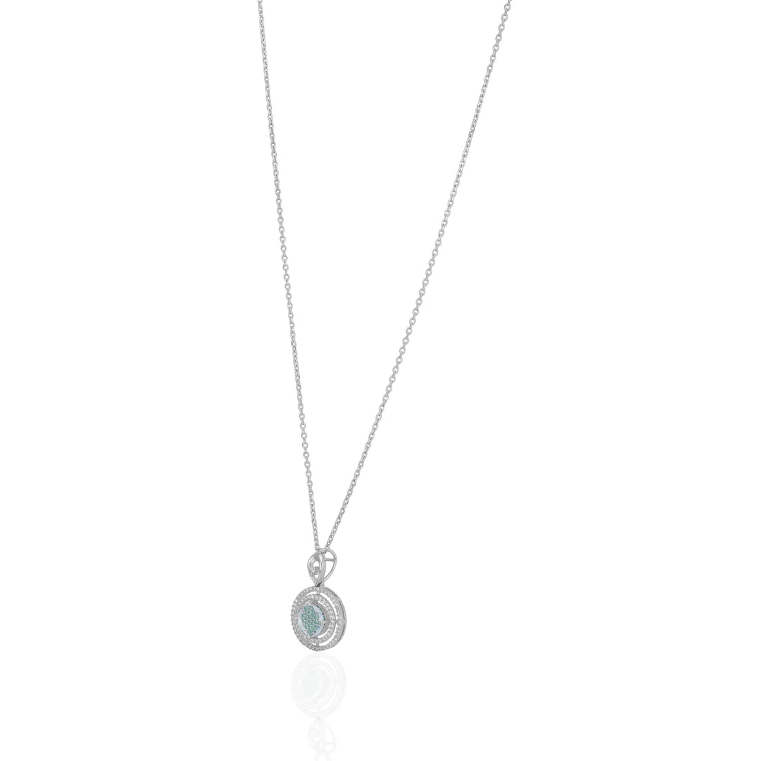 925 Sterling Silver Rhodium Plated Aqua Sparkle Triple Halo Circle Chain Pendant for Women