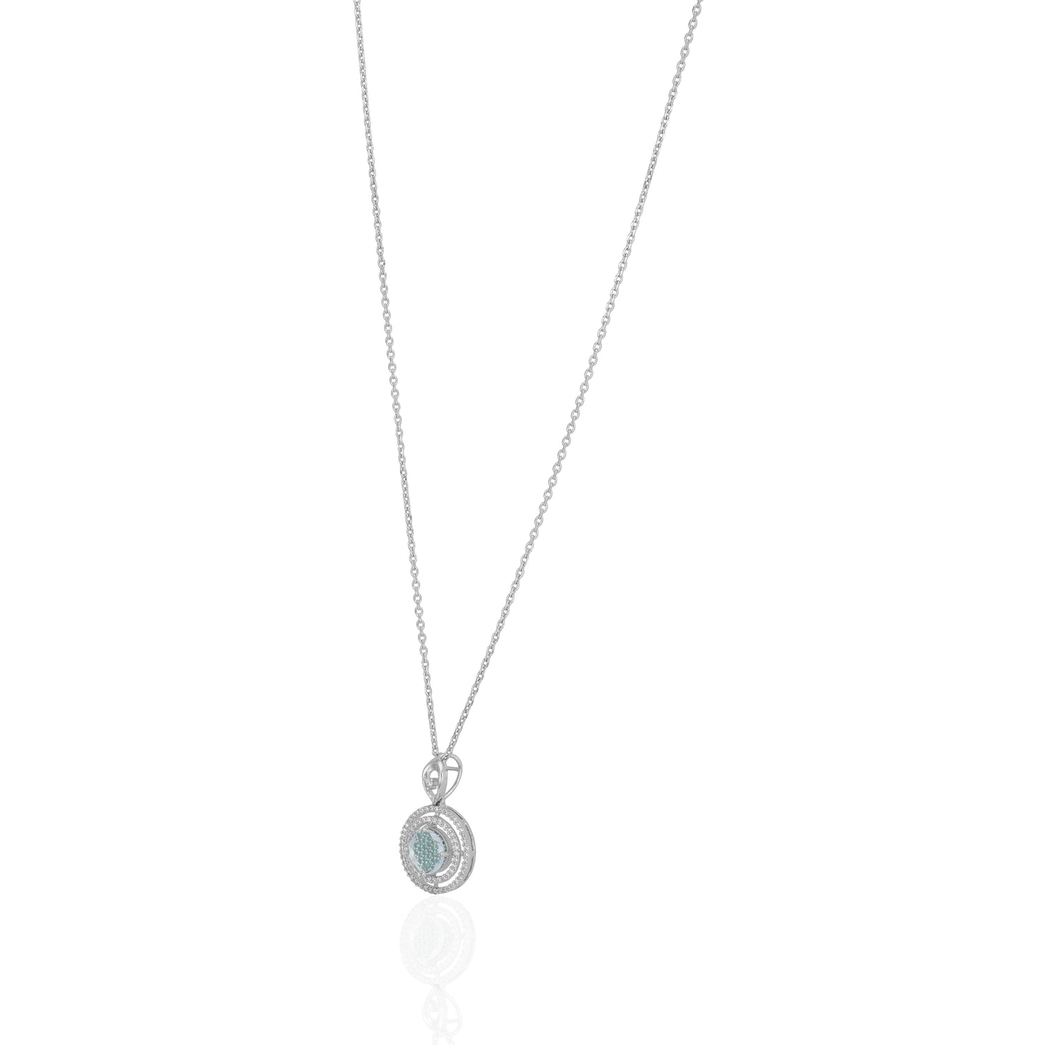 925 Sterling Silver Rhodium Plated Aqua Sparkle Triple Halo Circle Chain Pendant for Women