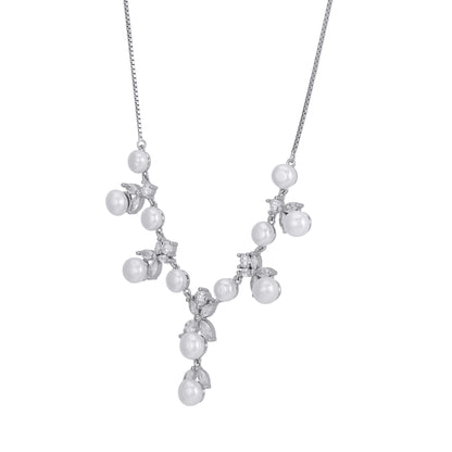 925 Sterling Silver Rhodium Plated Crystal Floral Vine Pearl Necklace for Women