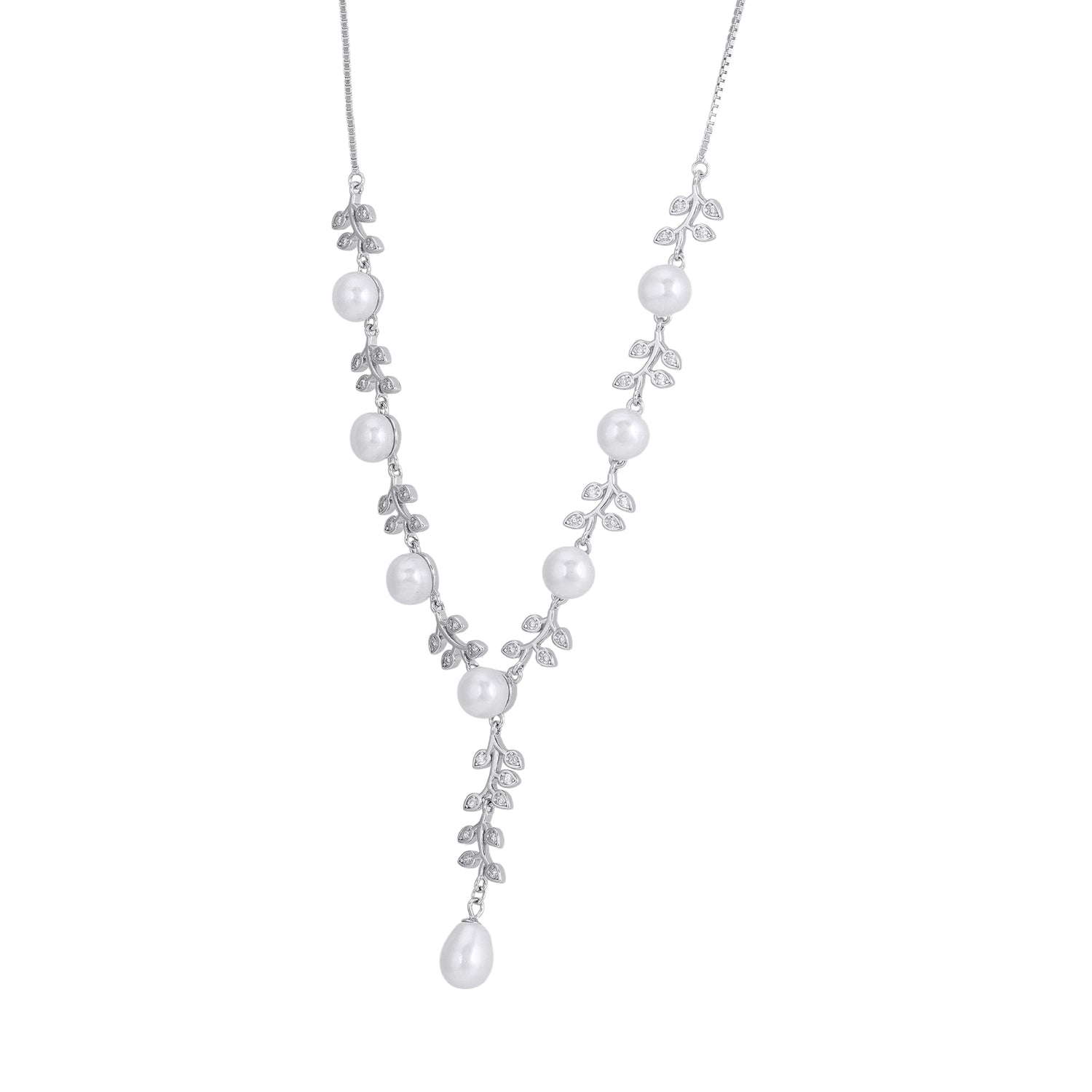 925 Sterling Silver Rhodium Plated Delicate Pearl Leaf Lariat-Style Necklace for Women