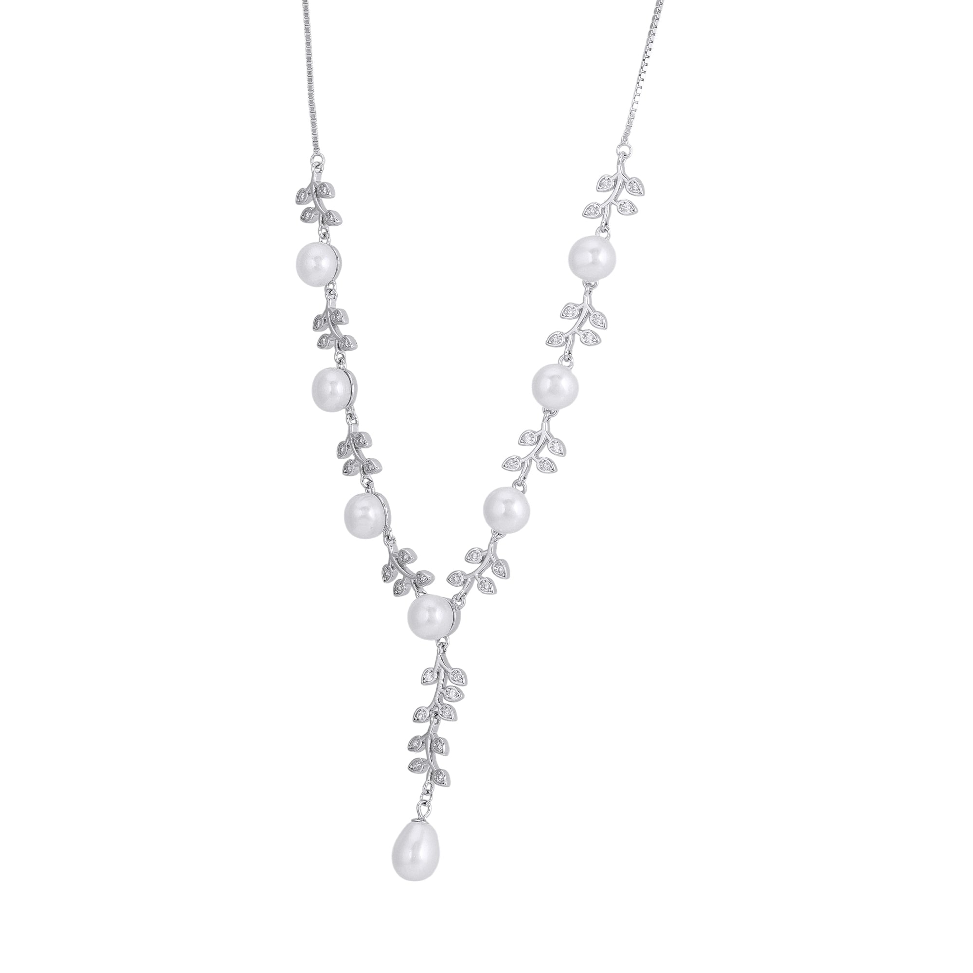 925 Sterling Silver Rhodium Plated Delicate Pearl Leaf Lariat-Style Necklace for Women