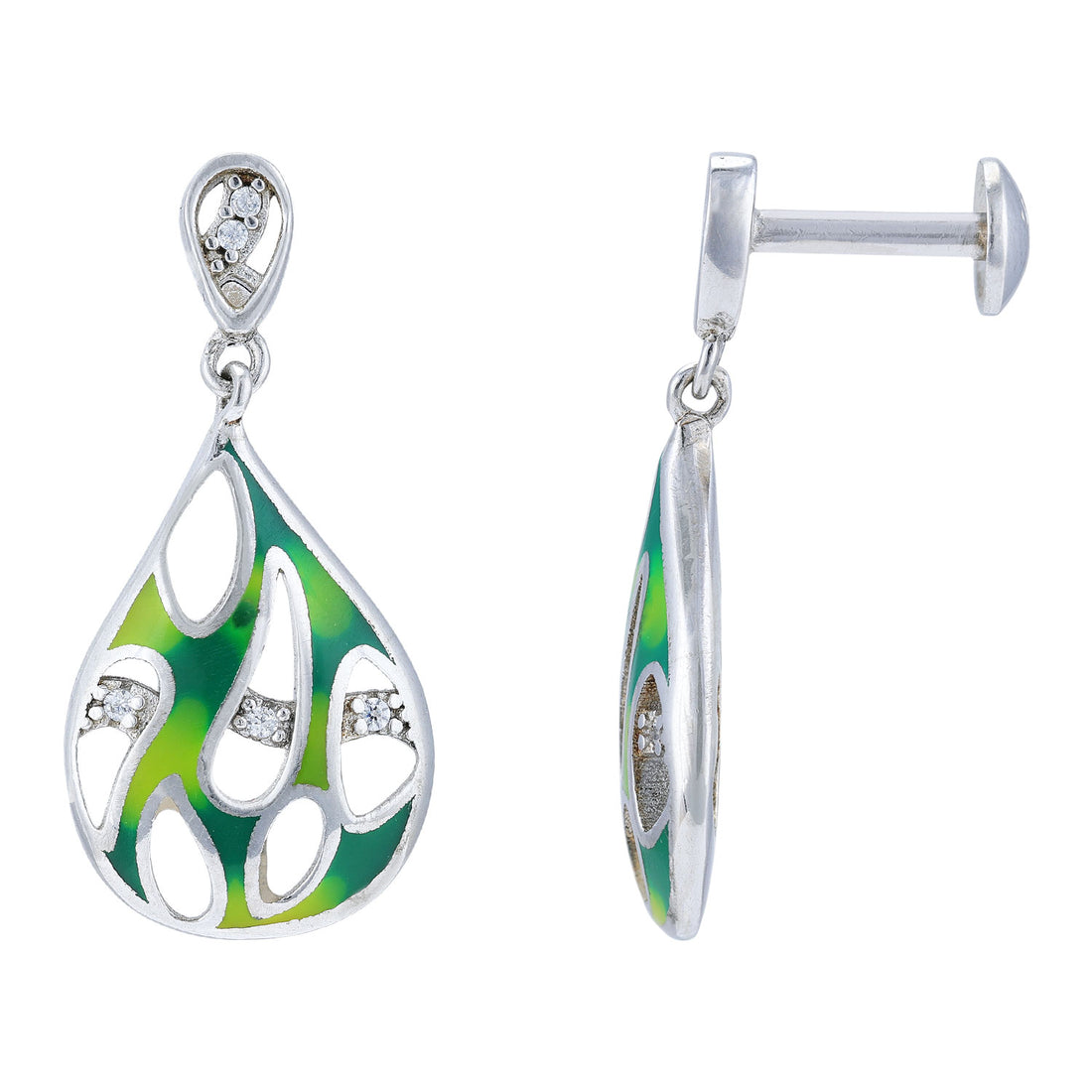 925 Sterling Silver Rhodium Plated Fluid Teardrop Glossy Green Enamel White Stone Highlights Earrings for Women