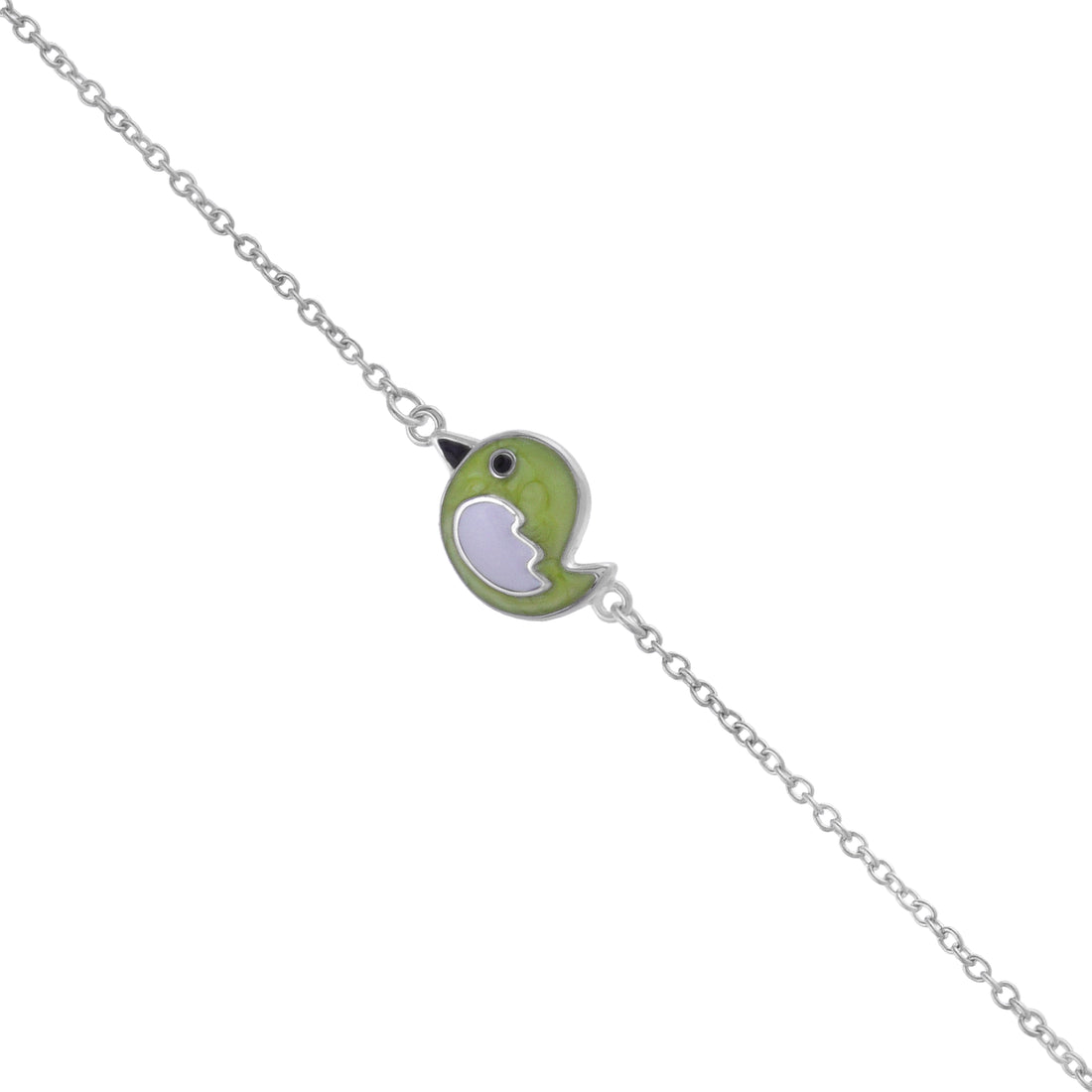 925 Sterling Silver Rhodium Plated Green Bird Charm Bracelet For Kids