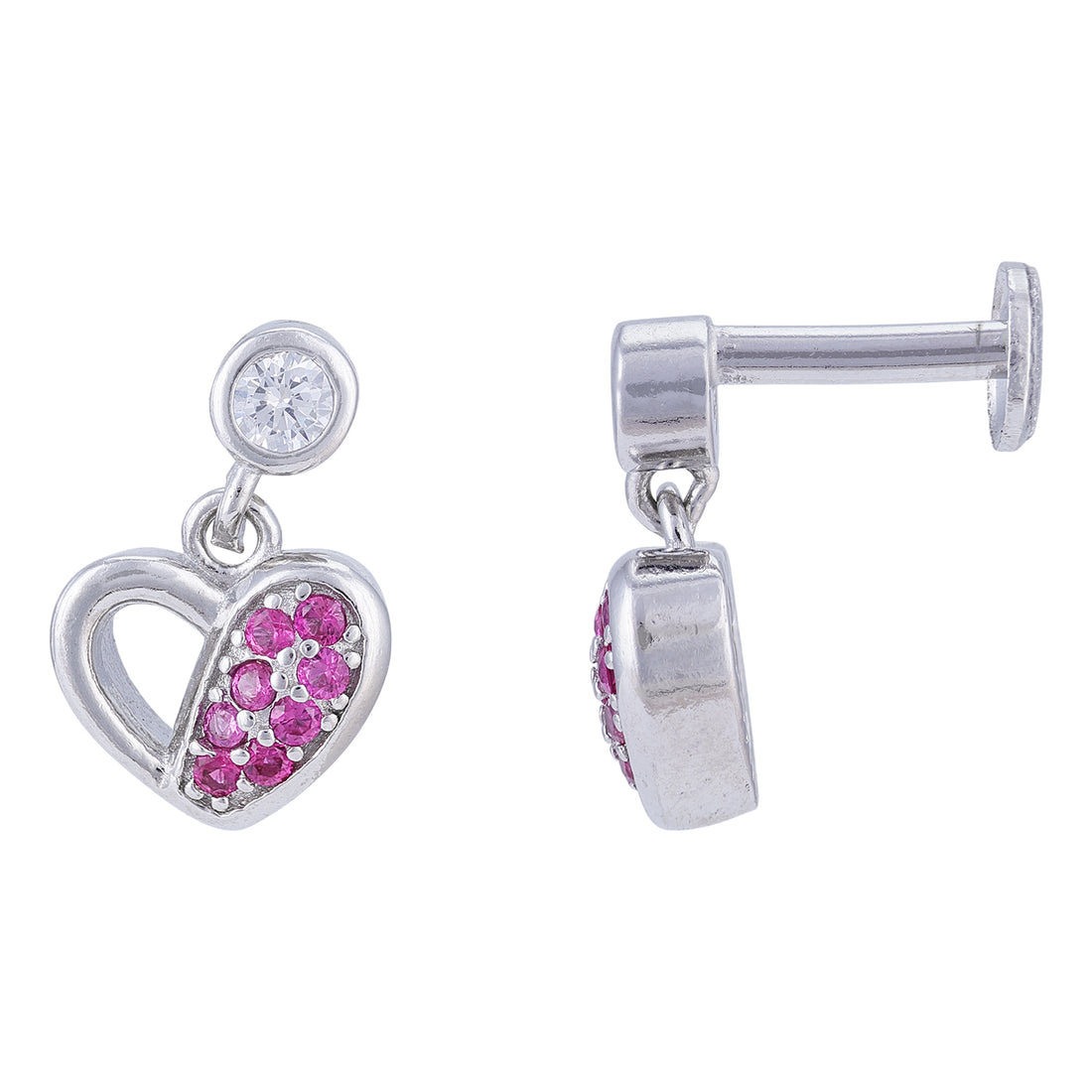 Sterling Silver Rhodium Plated Half-Set Pink Stone Heart Earrings For Women