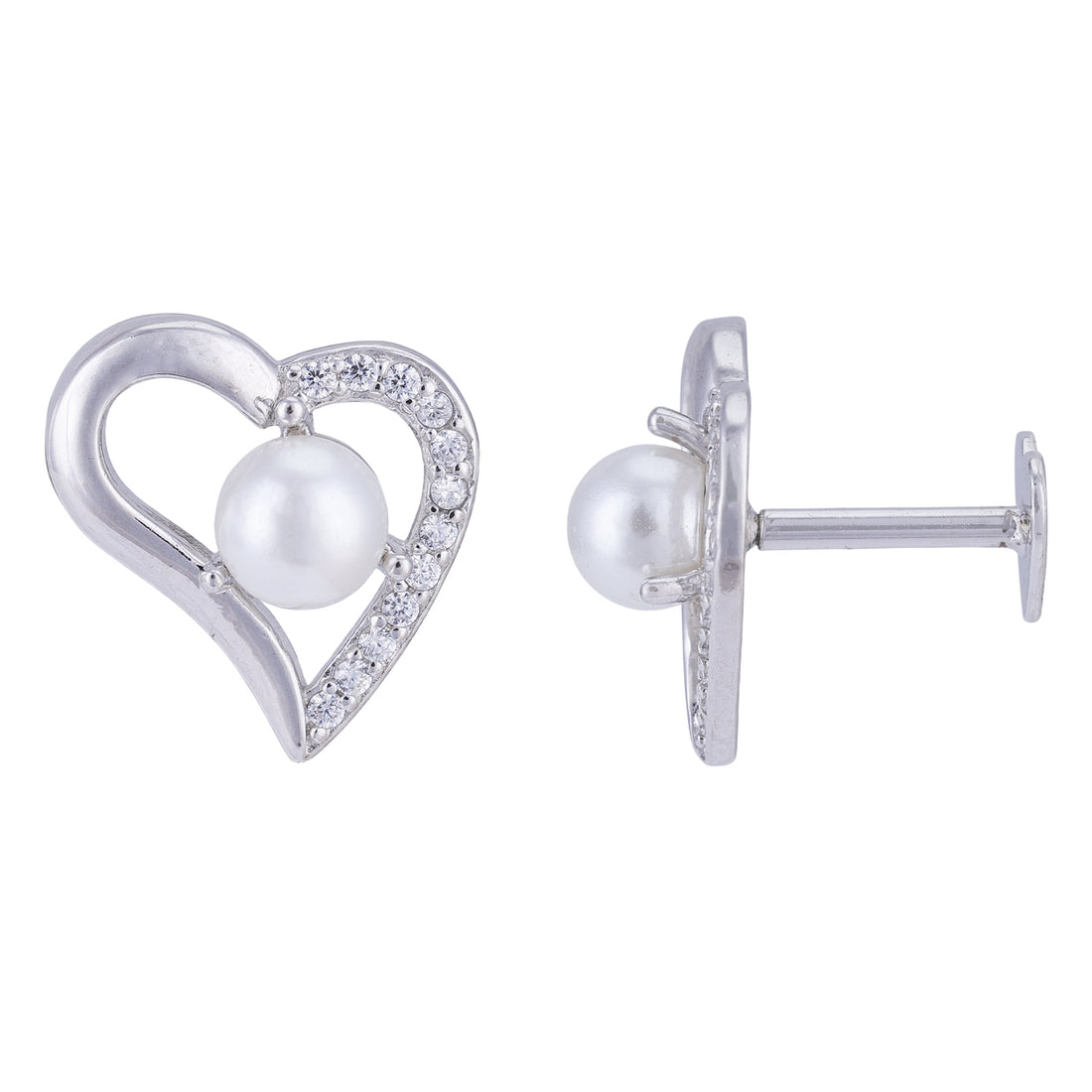 Sterling Silver Rhodium Plated Half Crystal Heart Pearl Earrings For Women