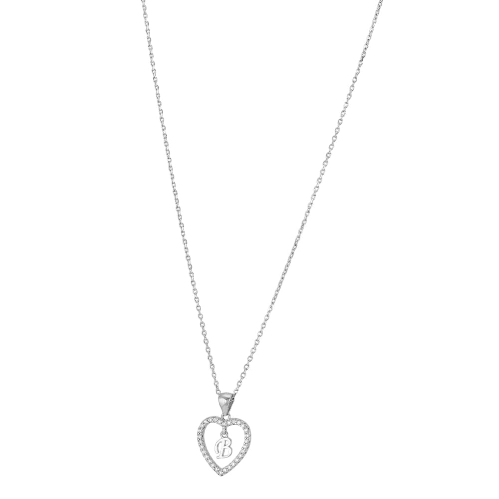 925 Sterling Silver Rhodium Plated Initial B Heart Pendant Chain For Women
