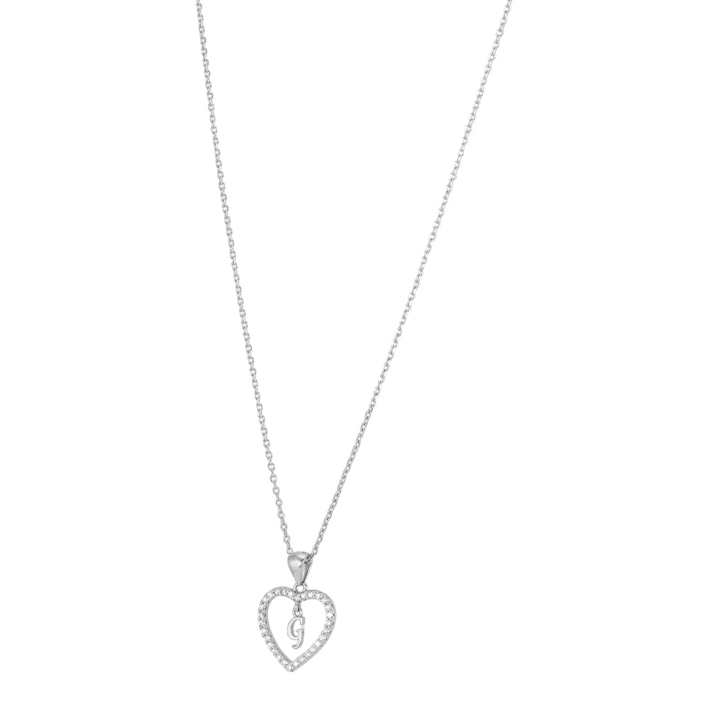 925 Sterling Silver Rhodium Plated Initial G Heart Pendant Chain For Women