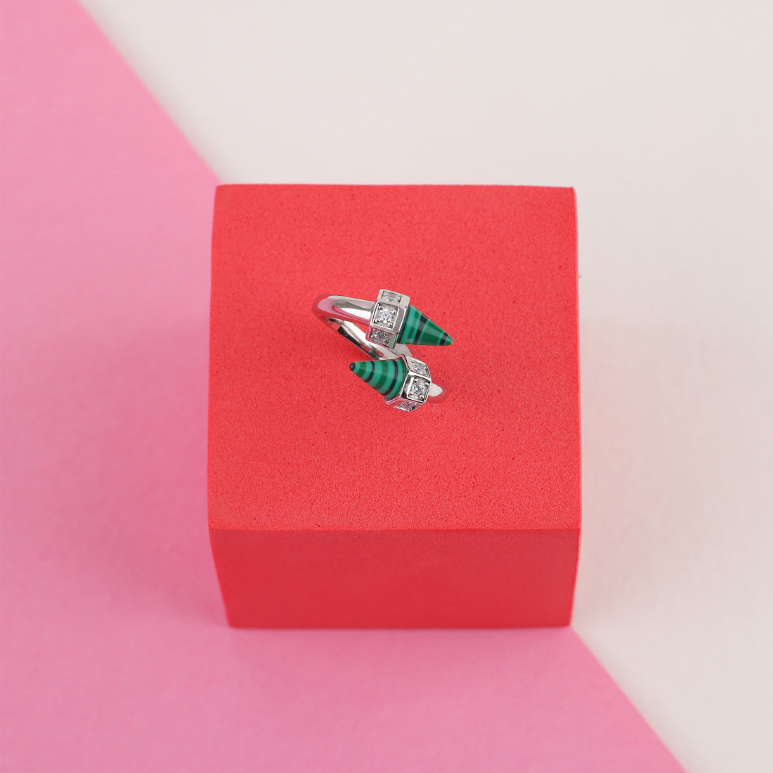 925 Sterling Silver Rhodium Plated Luxe Malachite Tip Armor Set Bracelet and Ring for Women