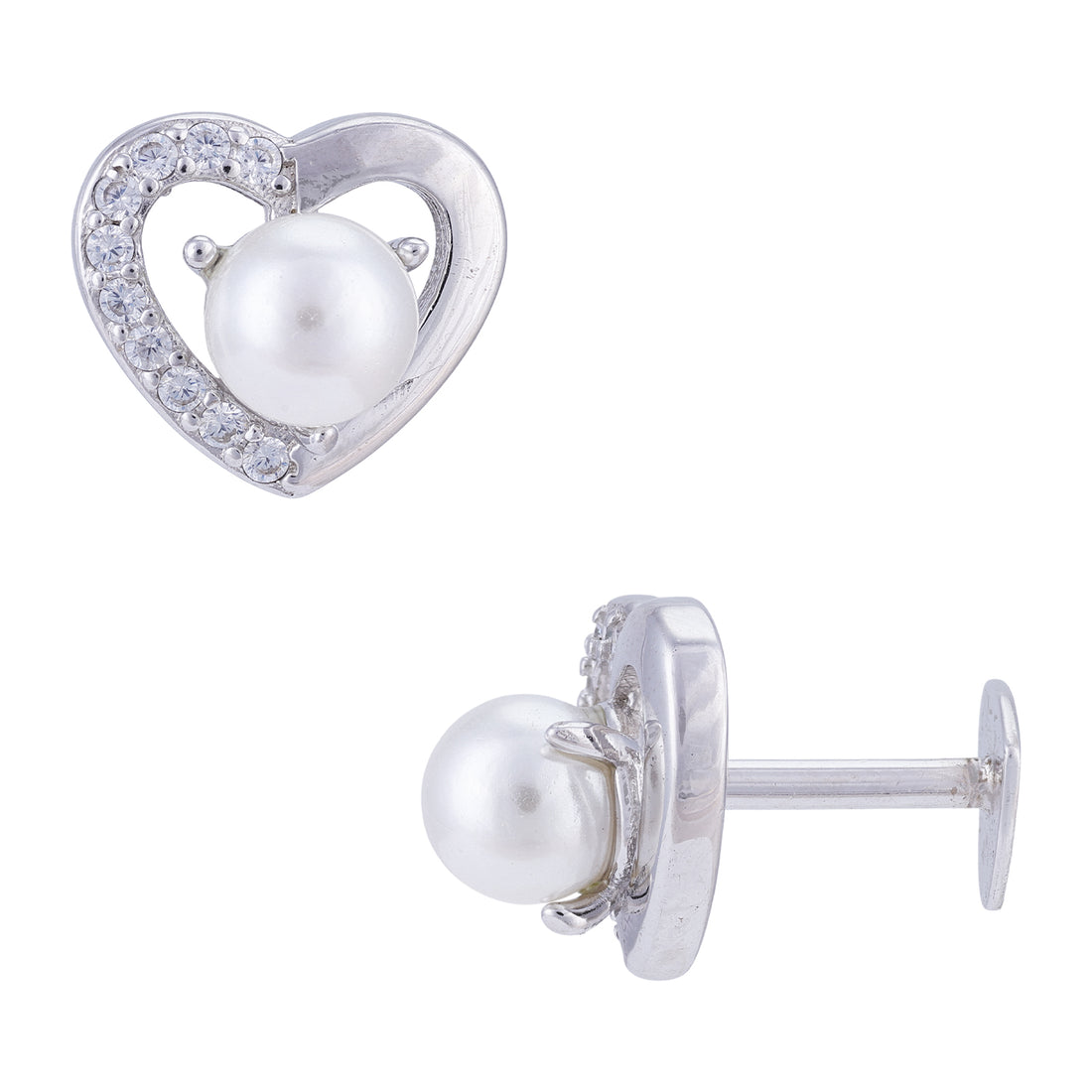 Sterling Silver Rhodium Plated Open Heart Pearl Earrings For Women