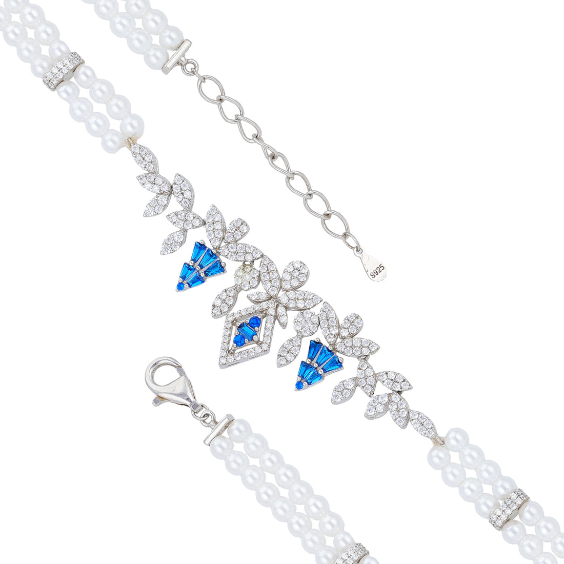 Sterling Silver Rhodium Plated Pearl Strand Blue Stone Leaf Vines Bracelet for Women