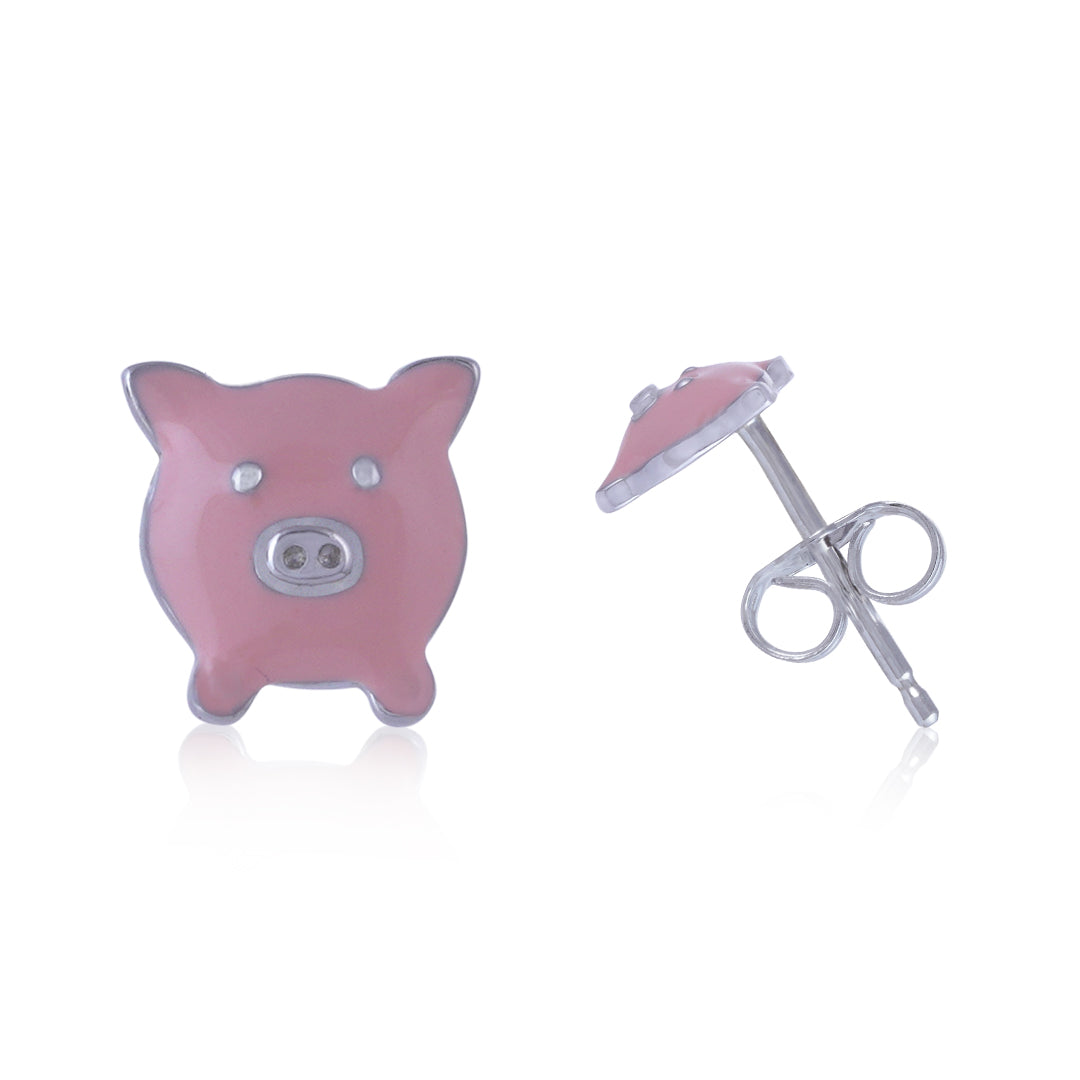 925 Sterling Silver Rhodium Plated Piggy Charm Stud For Kids