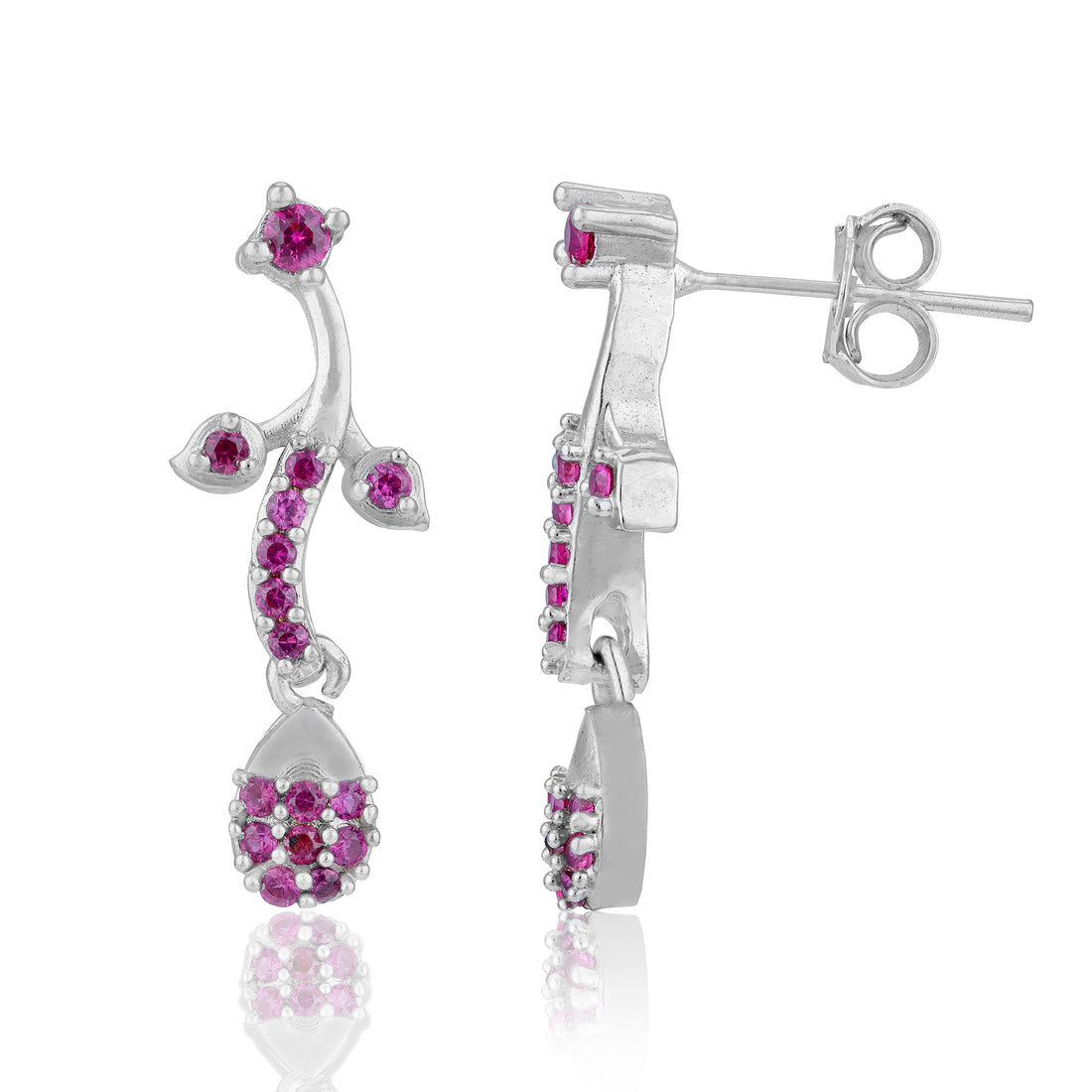 925 Sterling Silver Rhodium Plated Pink Blossom Vine Drop Earrings for Women