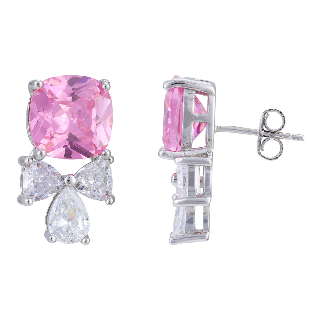 Sterling Silver Rhodium Plated Pink Stone Bow Drop Earrings For Women