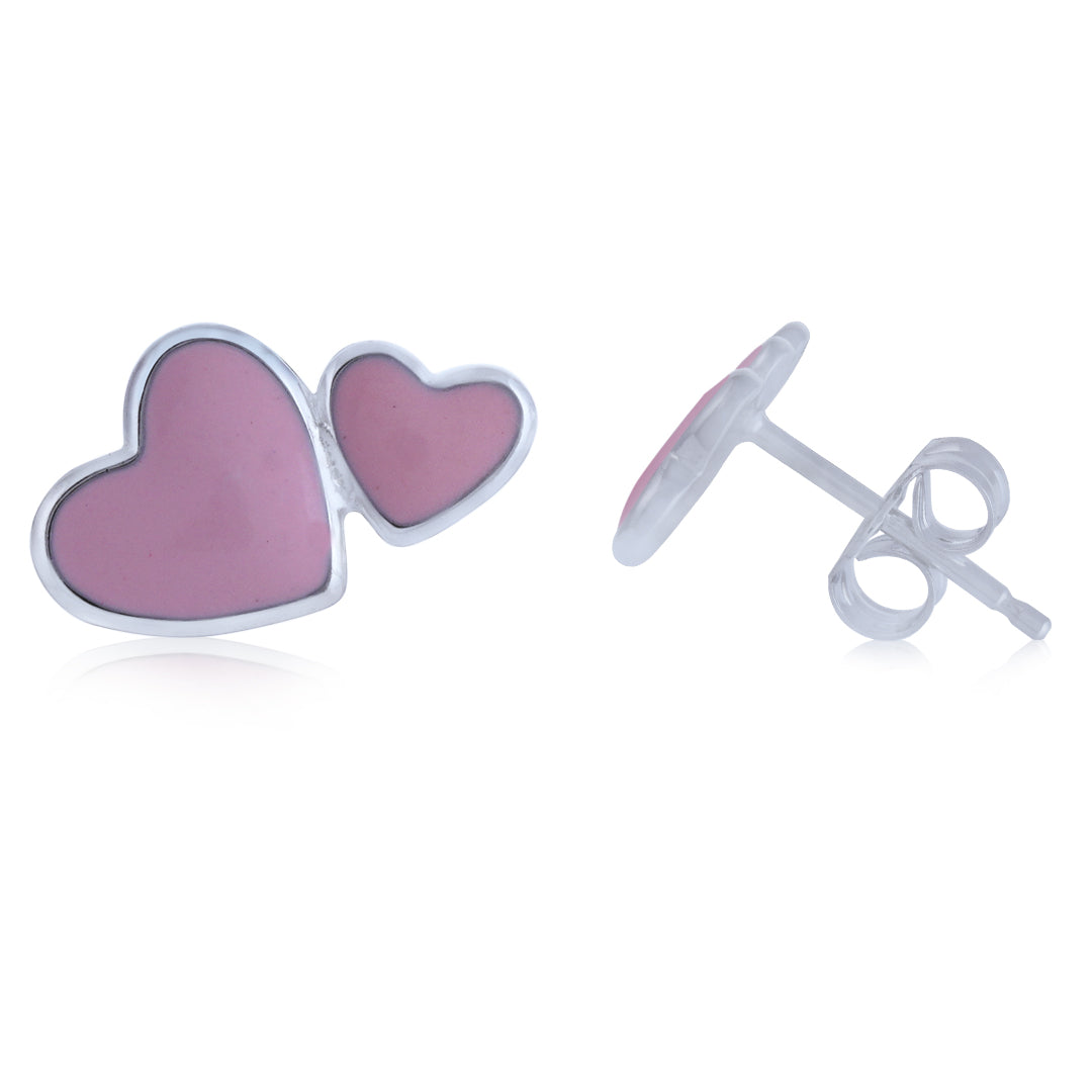 925 Sterling Silver Rhodium Plated Pinkie Paired Heart Stud For Kids