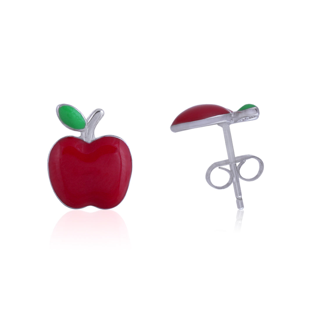 925 Sterling Silver Rhodium Plated Red Apple Stud For Kids