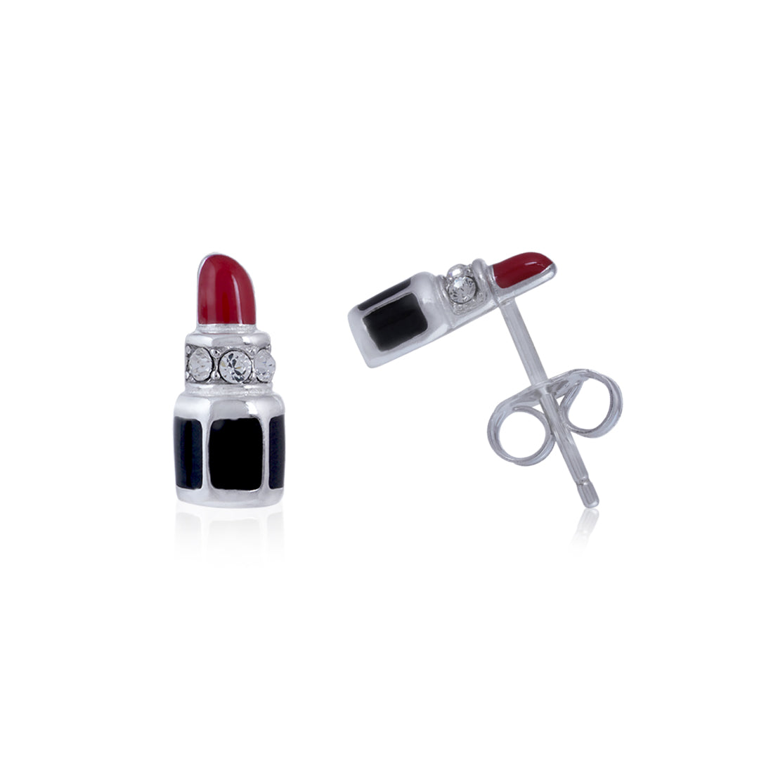 925 Sterling Silver Rhodium Plated Red Matte Lipstick Stud For Kids