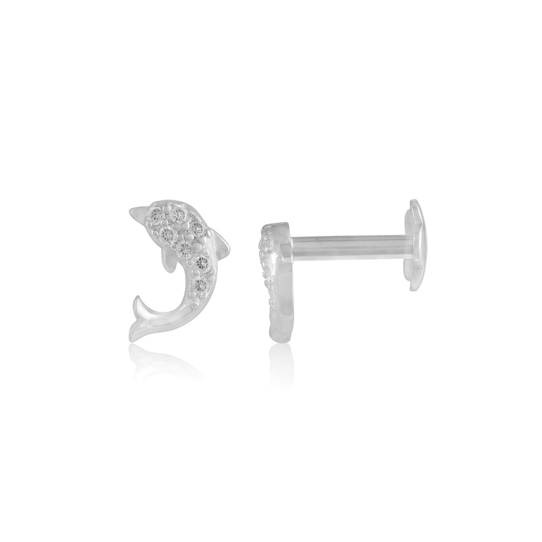 925 Sterling Silver Rhodium Plated Shimmer Dolphin Stud For Kids