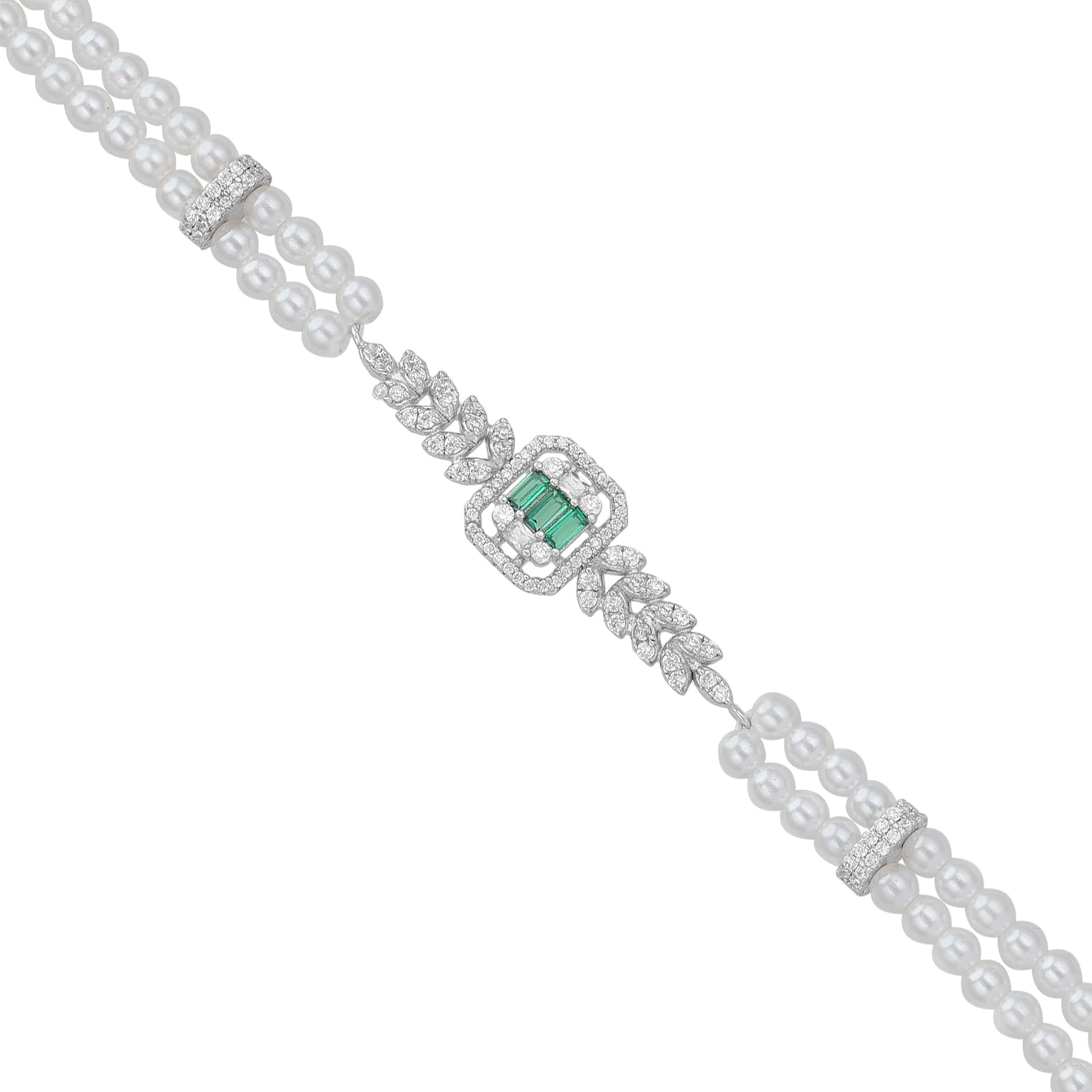 Sterling Silver Rhodium Plated Twin Row Pearl  Bracelet For Women