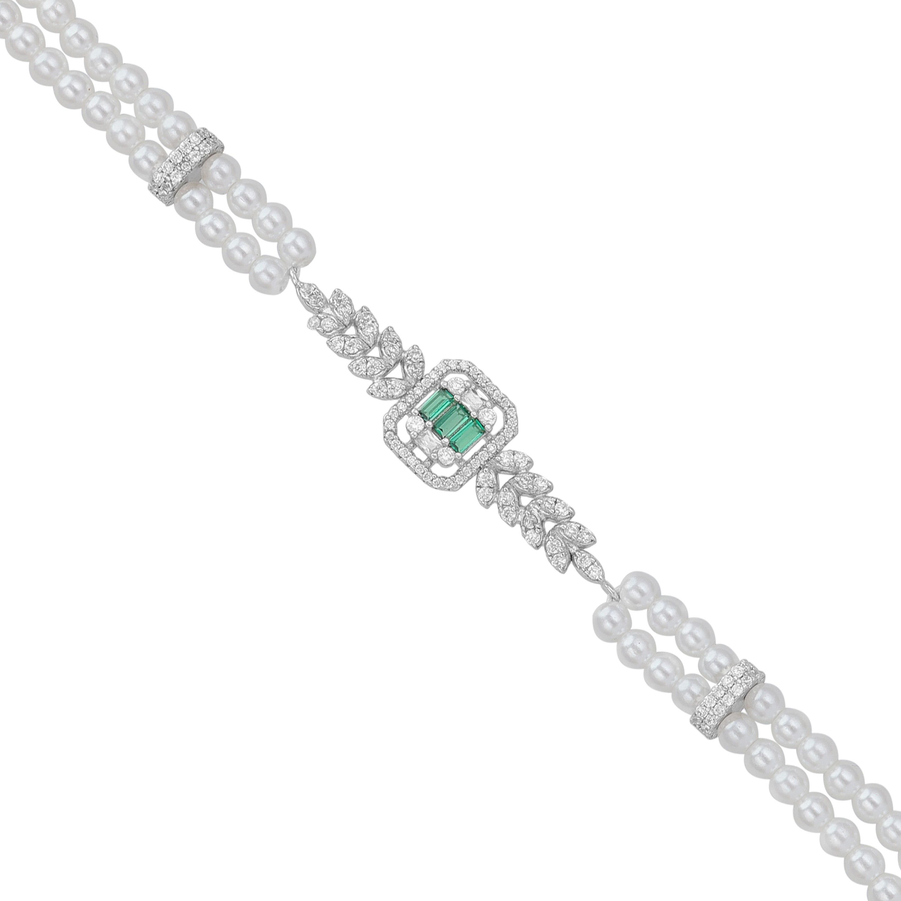 Sterling Silver Rhodium Plated Twin Row Pearl  Bracelet For Women