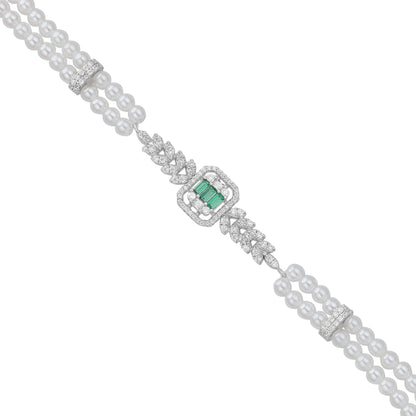 Sterling Silver Rhodium Plated Twin Row Pearl  Bracelet For Women