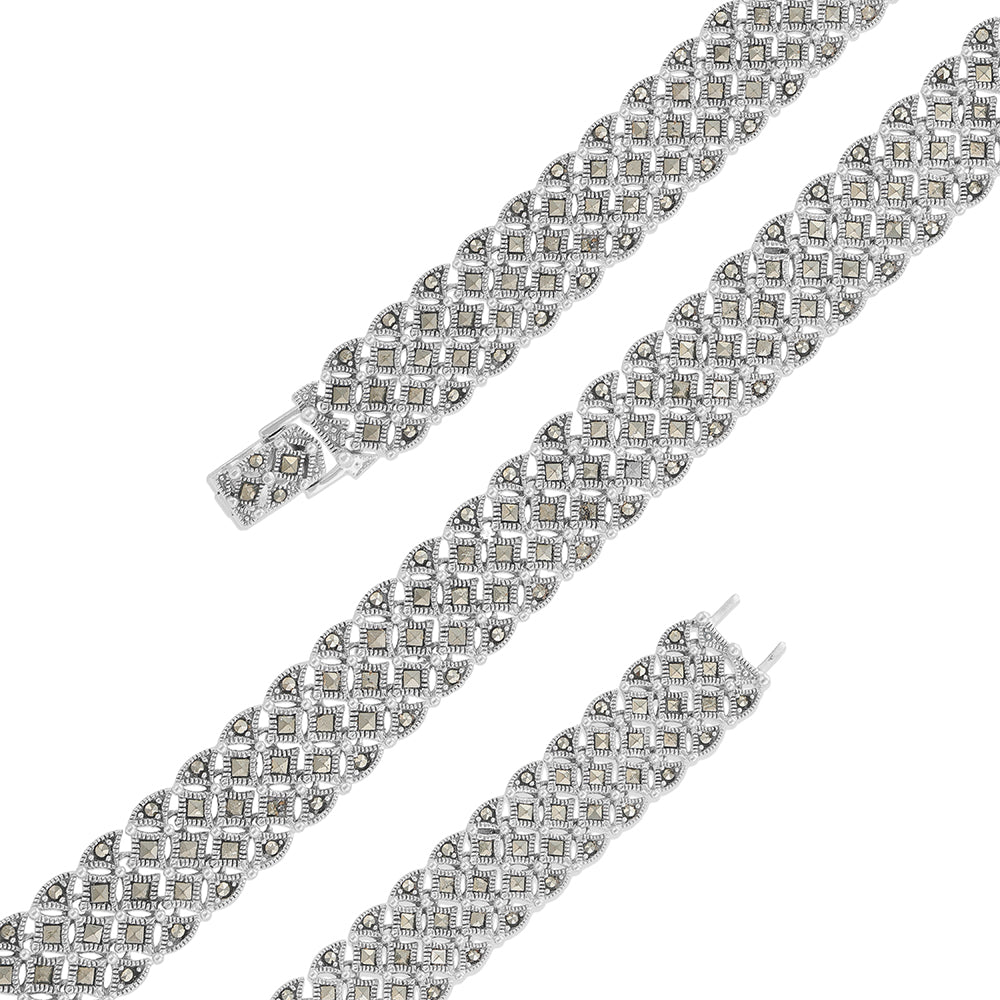 Sterling Silver Rhodium Plated Vintage Marcasite Weave Bracelet For Women