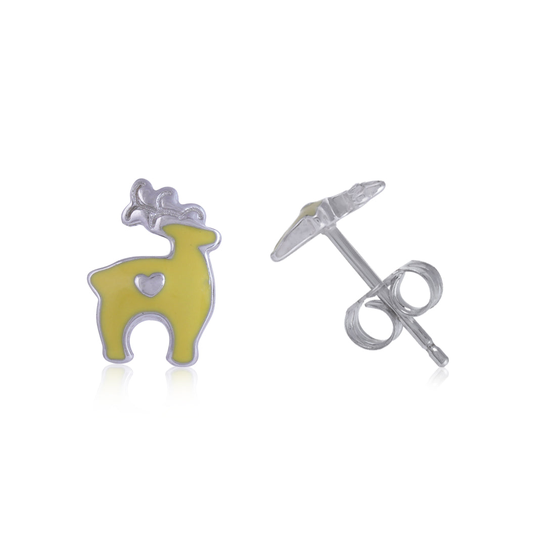 925 Sterling Silver Rhodium Plated Yellow Reindeer Stud For Kids