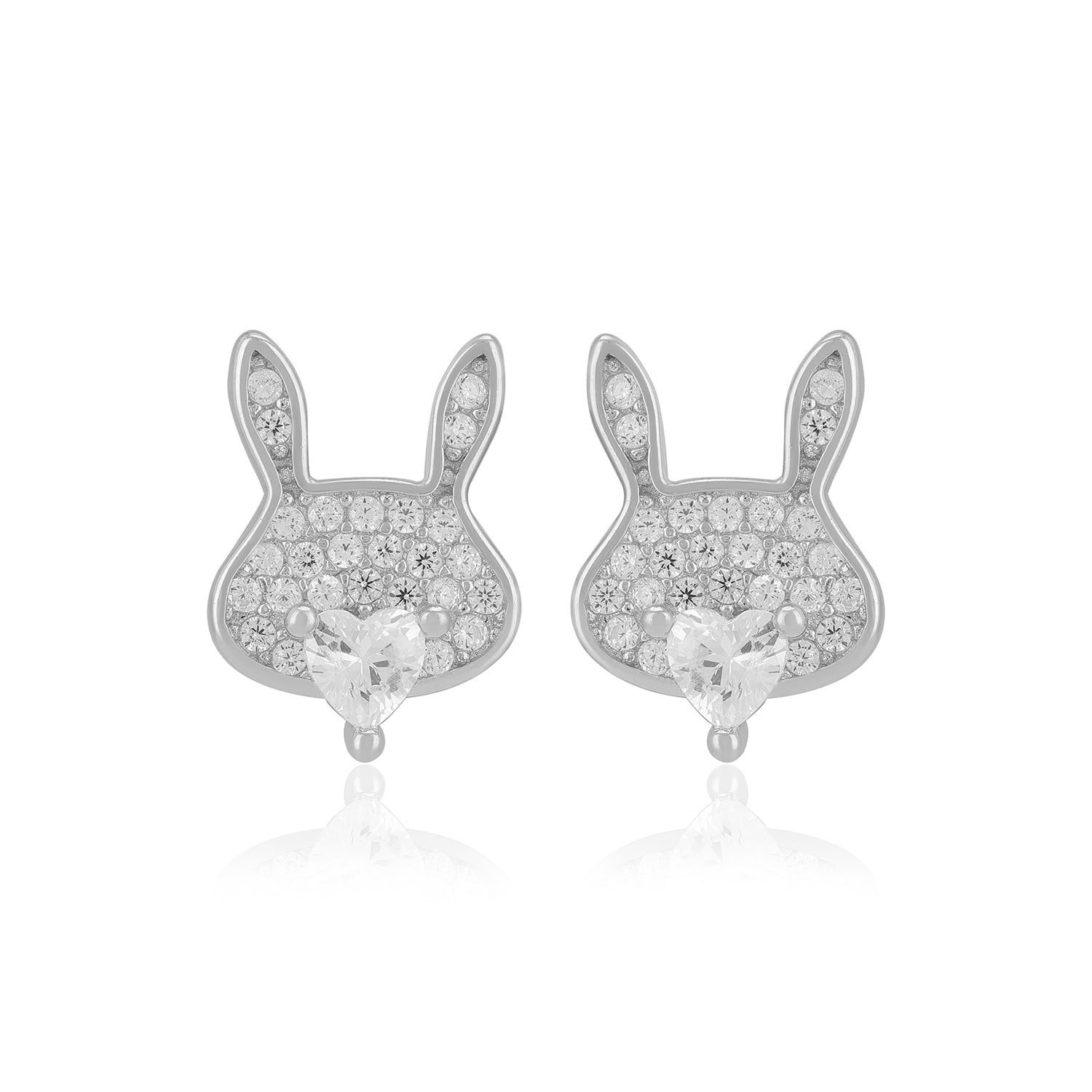 925 Sterling Silver Rhodium Rabbit Charm Heart Center Earrings For Women