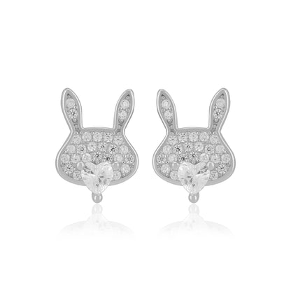 925 Sterling Silver Rhodium Rabbit Charm Heart Center Earrings For Women