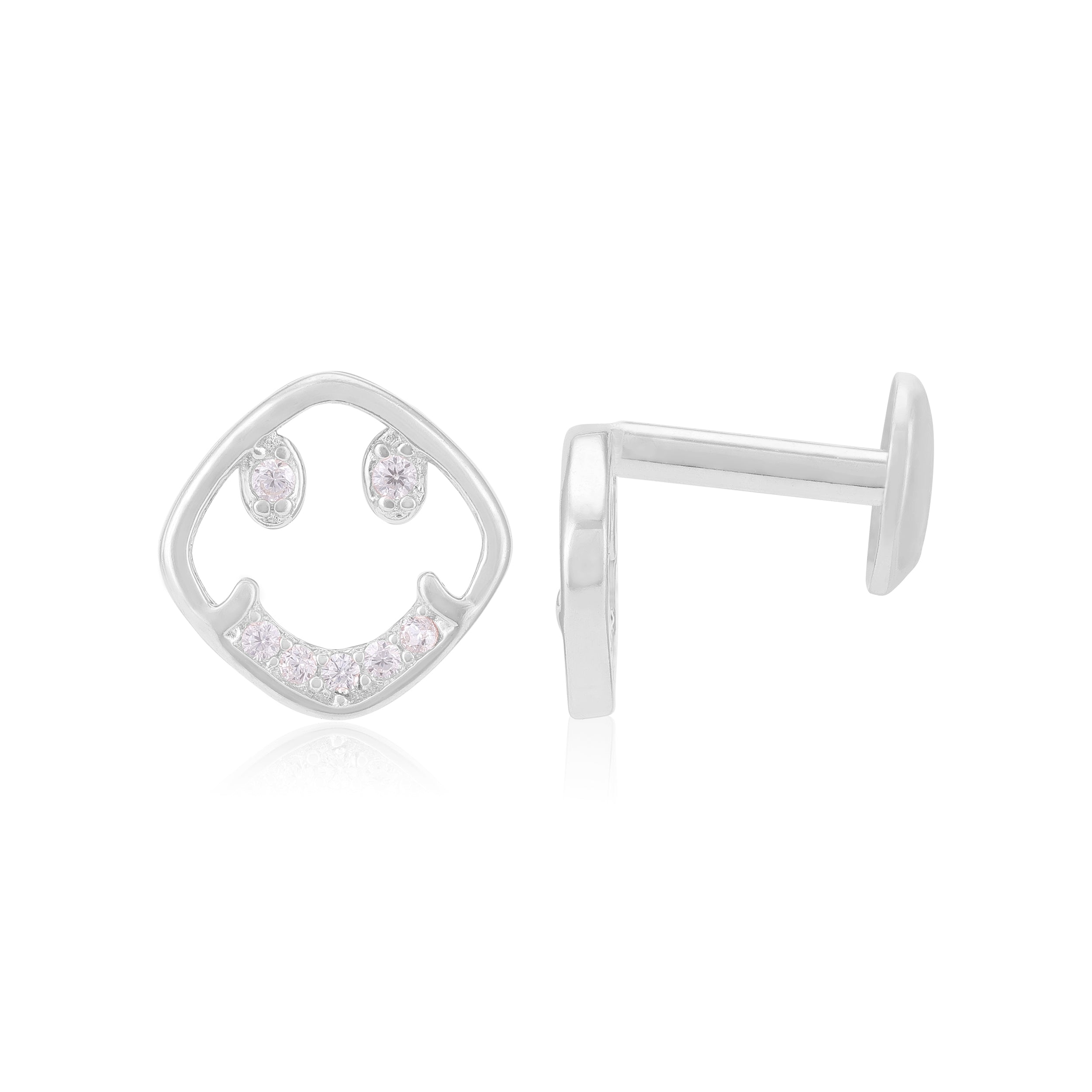 925 Sterling Silver Rhodium Radiant Smiley Earrings For Women