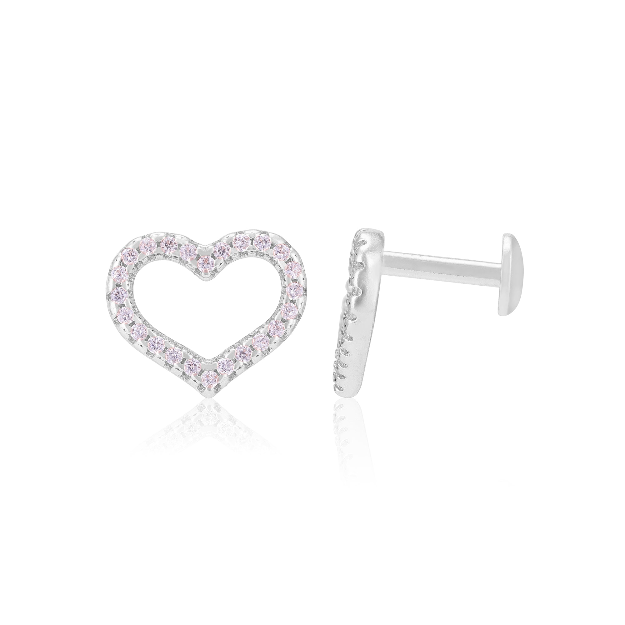 925 Sterling Silver Rhodium Single Layered Stone Heart Earrings For Women