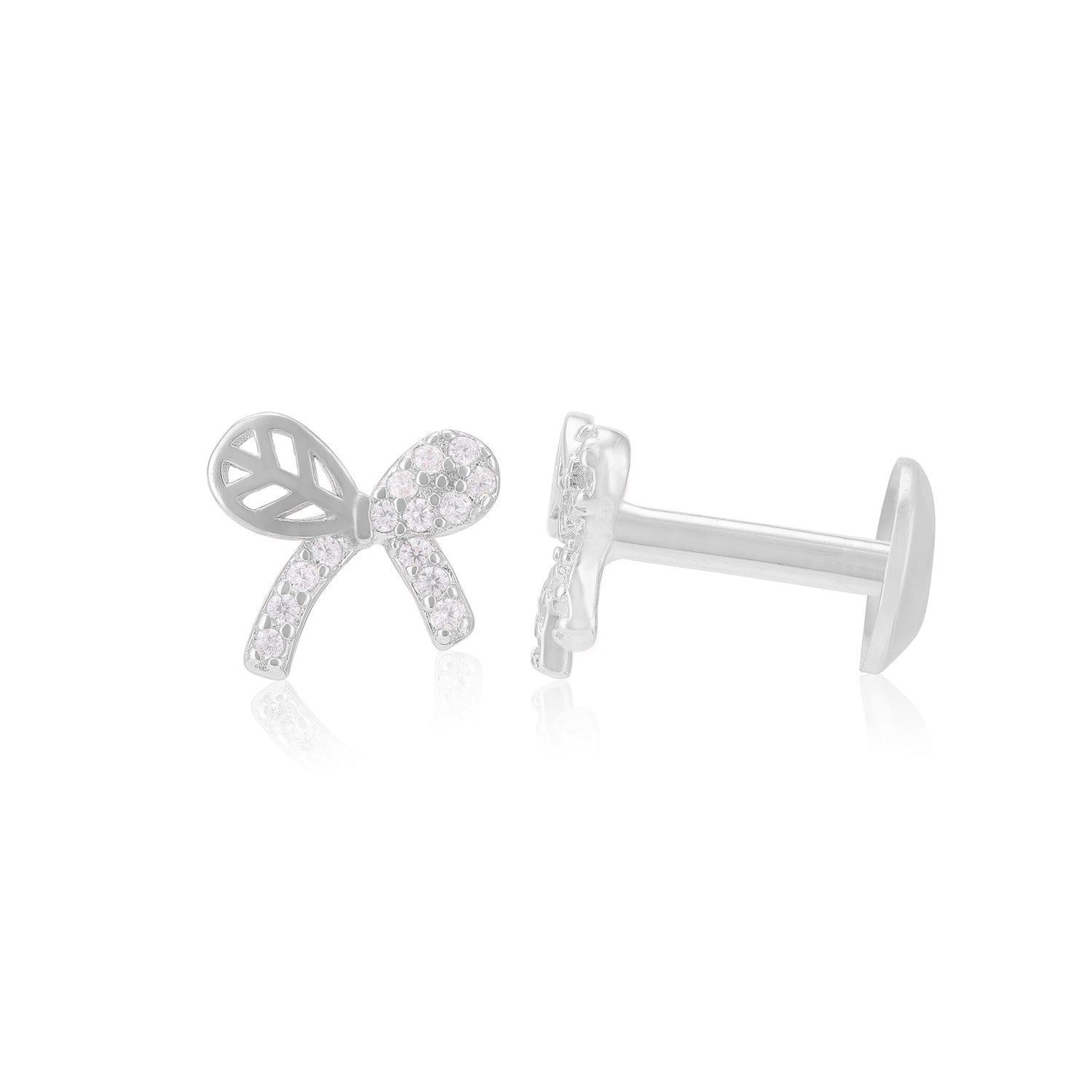 925 Sterling Silver Rhodium Single Side Stoned Bow Earrings For Women