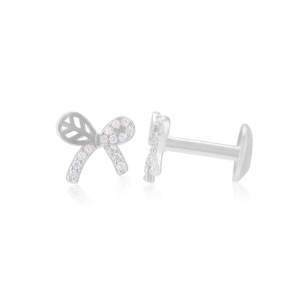 925 Sterling Silver Rhodium Single Side Stoned Bow Earrings For Women