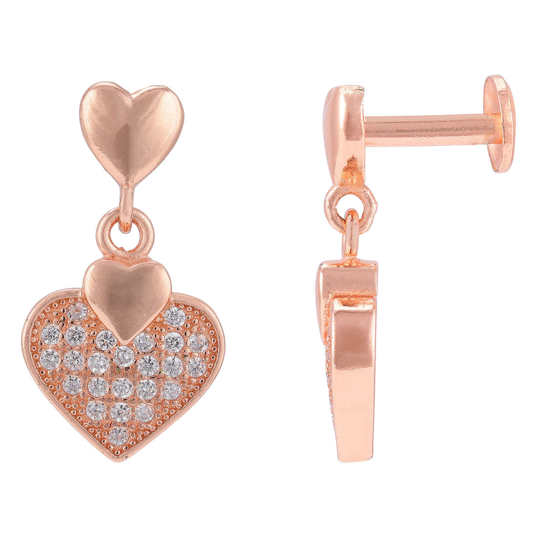 925 Sterling Silver Romantic Rose Gold Double Heart Drop Earring for Women