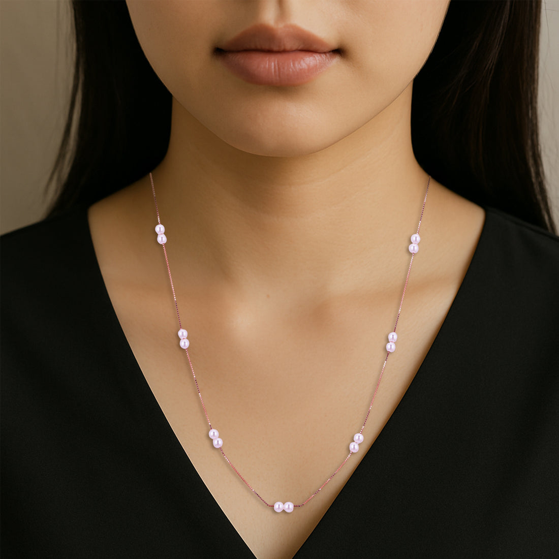 925 Sterling Silver Ros  Duet Pearl Strand Chain For Women