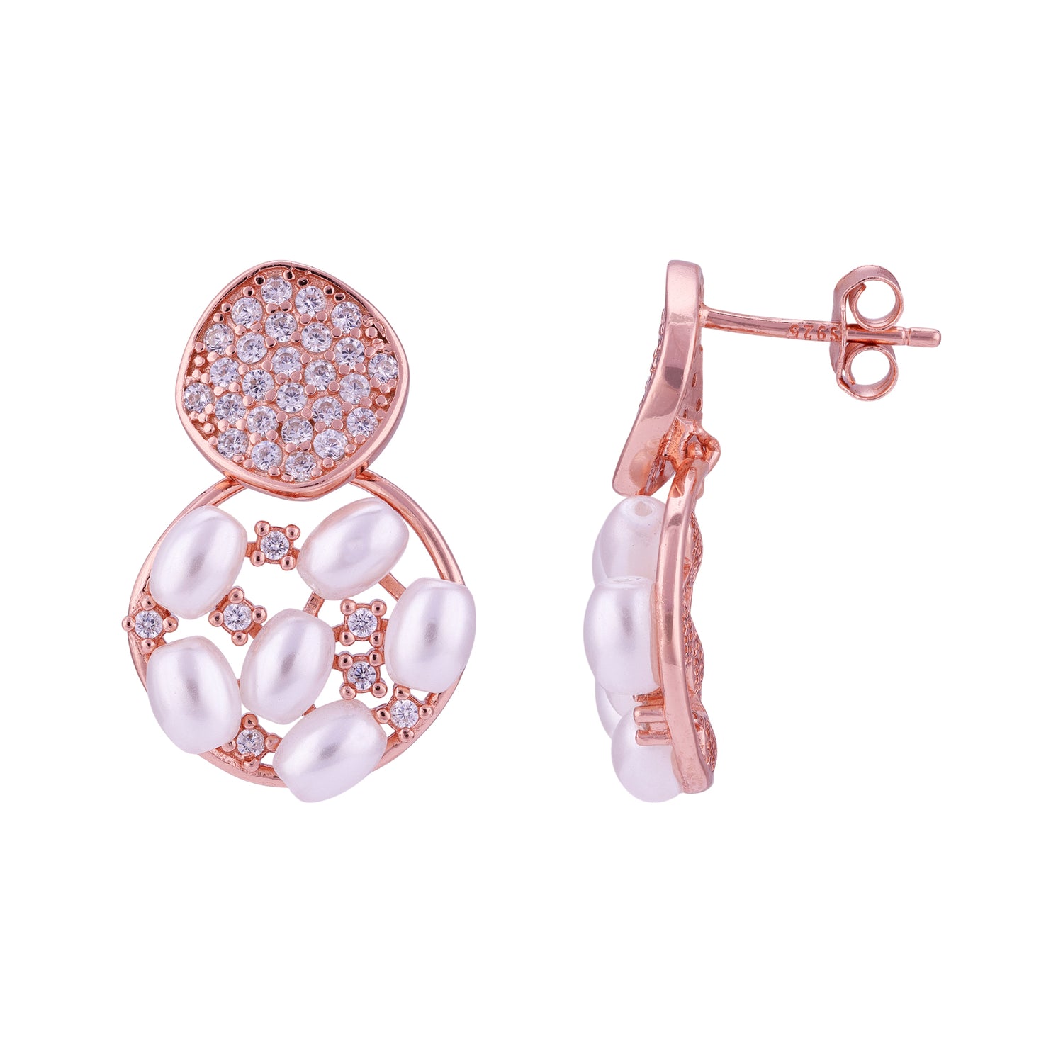 925 Sterling Silver Rose-Tinted Modern Pearl Orbit Crystal Mosaic Top Earrings for Women