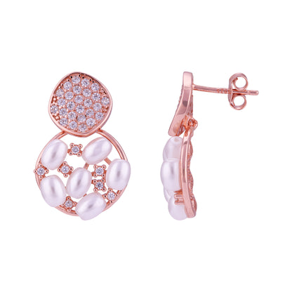 925 Sterling Silver Rose-Tinted Modern Pearl Orbit Crystal Mosaic Top Earrings for Women