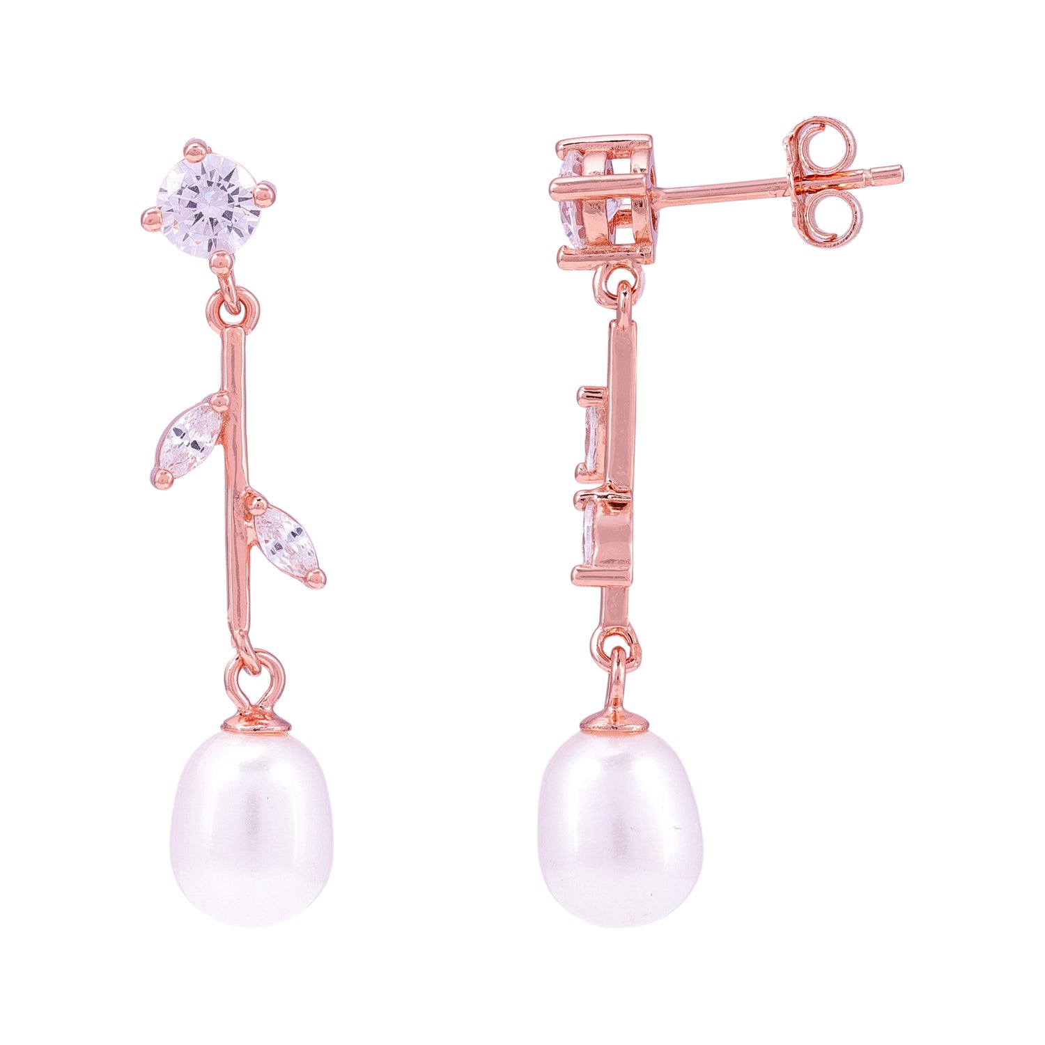 925 Sterling Silver Rose Gold Flora Curve Pearl Charms Earrings for Women