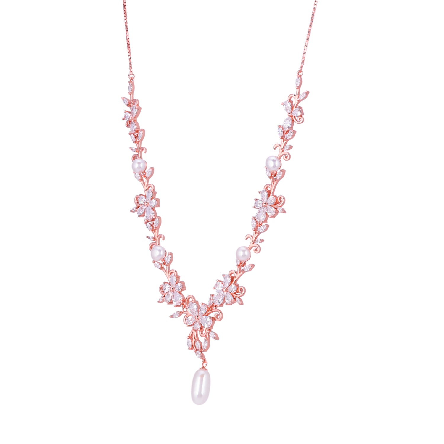 925 Sterling Silver Rose Gold Floral Filigree Oval Pearl Drop Necklace for Women
